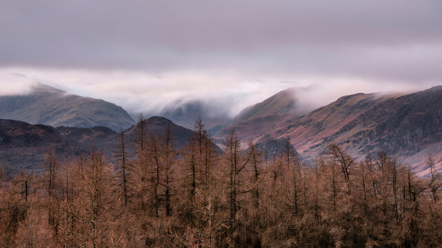 Lovely Winter sunrise landscape image of view from Walla Crag in Lake District towards distant mountains with low cloud