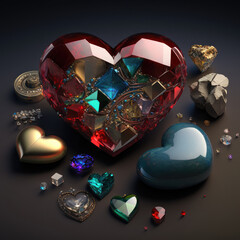 Valentine's day, crystals and gemstones into heart shape, Generative AI