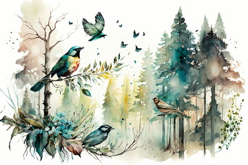 Digital watercolor painting, high quality, of a forest landscape with birds, butterflies and trees in mostly green color