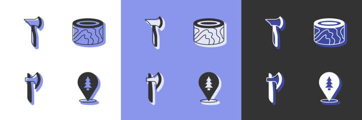 Set Location of the forest, Wooden axe, and logs icon. Vector