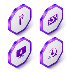 Set Isometric Wooden axe, beam, Location of the forest and Tree icon. Purple hexagon button. Vector