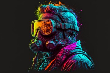 Colourful Portrait of Abstract Soldier with Gas Mask in Bright Neon Colours. This Fighter Jet Pilot Para Trooper Marine is fighting for our protection safety and freedom. Ai generative illustration - obrazy, fototapety, plakaty