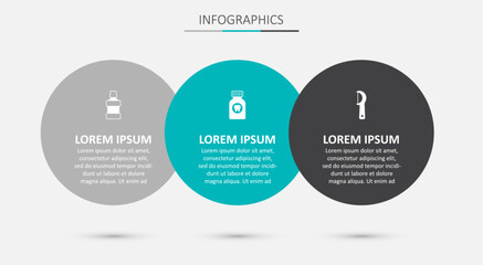 Set Toothache painkiller tablet, Mouthwash and Dental floss. Business infographic template. Vector