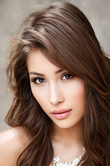Fototapeta premium New Faces Beautiful Female Portrait Pictures Brown Eyes Long Brown Hair, created with Generative AI technology