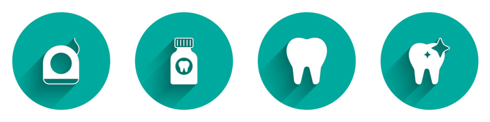 Set Dental floss, Toothache painkiller tablet, and whitening icon with long shadow. Vector
