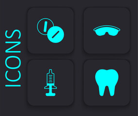 Set Tooth, Toothache painkiller tablet, Safety goggle glasses and Syringe icon. Black square button. Vector