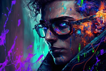 Abstract Portrait of Handsome Young Man Fashion Model with Colourful Paint Splashes and Blue Eyes. A Futuristic Fantasy Look in a Digital Computer Matrix Style - Ai generative illustration