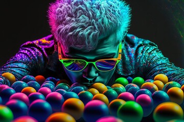 Abstract Portrait of Man with a lot of Billiard Balls - Clown Style Joker from the Circus ready to play any game. - Ai generative illustration 