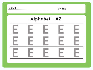 Alphabet tracing worksheet. A-Z writing pages. Letter E uppercase tracing. Handwriting exercise for kids. Printable worksheet.