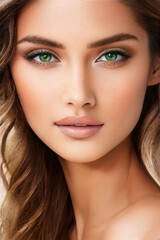 Obraz premium New Faces Beautiful Female Portrait Pictures Green Eyes Long Brown Hair, created with Generative AI technology