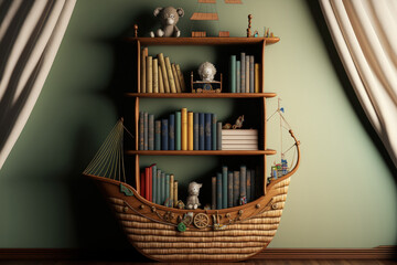 Hooked nursery bookcase with books. Generative AI