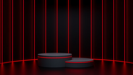 Sci Fi Futuristic Podium. red Futuristic Stage neon. 3D rendering. Cyberpunk podium. Futuristic technology podium