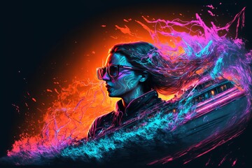 Abstract Portrait of Woman in the Center of the Storm - Colourful Waves of the Ocean in Paint Splashes with Ship integrated into Fantasy Magic Dream Graphic Design Concept - Ai generative Illustration