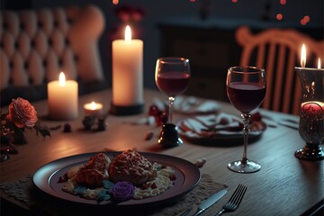 Obraz na płótnie Canvas Valentine Dinner on Table in a Candle Genarative AI