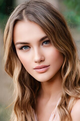 Naklejka premium New Faces Beautiful Female Portrait Pictures Blue Eyes Long Dark Blond Hair, created with Generative AI technology