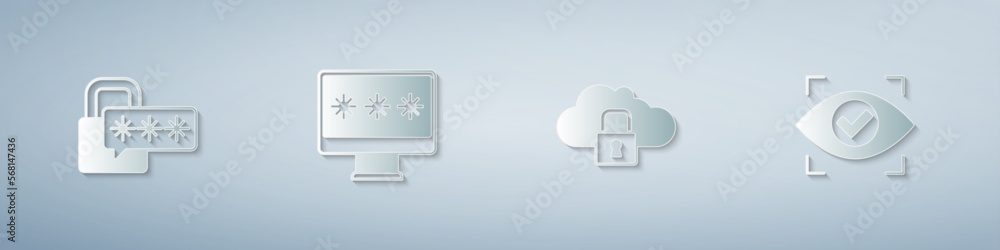 Poster set cyber security, monitor with password, cloud computing lock and eye scan. paper art style. vecto