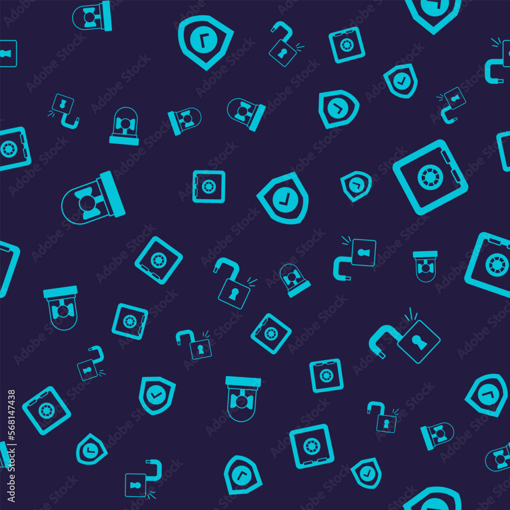Poster set ringing alarm bell, safe, shield with check mark and open padlock on seamless pattern. vector