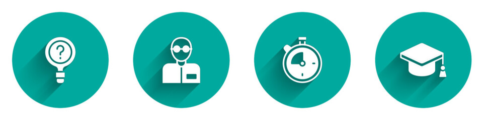 Set Unknown search, Teacher, Stopwatch and Graduation cap icon with long shadow. Vector