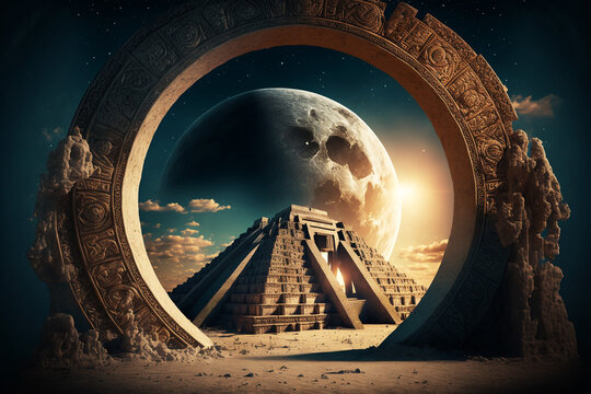 Stargate,Mayan Pyramids Time Travel Portal - Moon Universe AI art