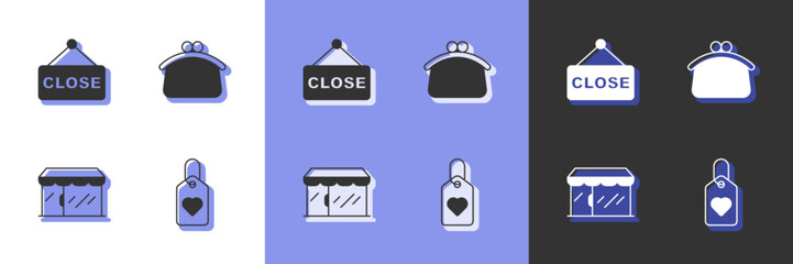 Set Heart tag, Hanging sign with text Closed, Market store and Wallet icon. Vector