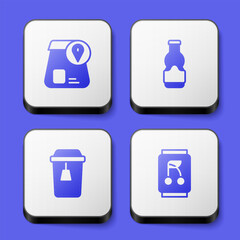 Set Online ordering food, Sauce bottle, Cup of tea and Soda can icon. White square button. Vector