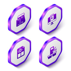 Set Isometric Online ordering food, Restaurant cafe menu and Coffee cup to go icon. Purple hexagon button. Vector