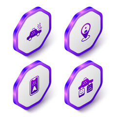 Set Isometric Broken taxi car, Taxi client, Infographic of city map and service rating icon. Purple hexagon button. Vector