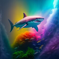 Fototapeta premium Abstract Great White Shark Illustration at a Colourful Coral Reef in the Caribbean Sea. Life Danger for scuba divers swimming underwater design for poster, wallpaper print on demand. Ai artwork