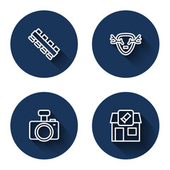 Set line Hunting cartridge belt, Deer antlers on shield, Photo camera and shop with long shadow. Blue circle button. Vector