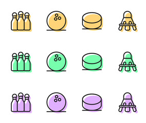 Set line Hockey puck, Bowling pin, ball and Badminton shuttlecock icon. Vector