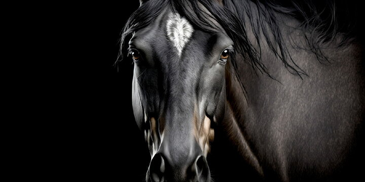 t&ecirc;te de cheval en gros plan sur fond noir - illustration ia