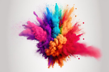 background with abstract powder splatters eruption of colored powder against a white background. cloud with color. Bright dust explodes. Color Holi. Generative AI