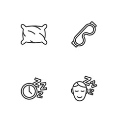 Set line Dreams, Alarm clock, Pillow and Eye sleep mask icon. Vector