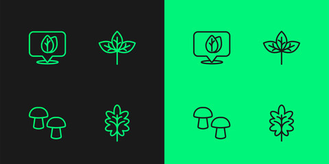Set line Leaf, Mushroom, Location with leaf and icon. Vector