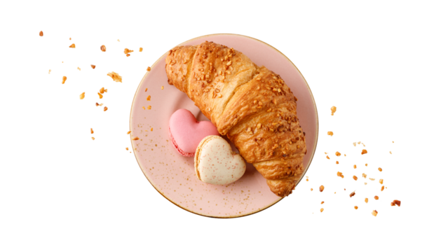 Fresh baked nut croissant and heart shape french cookies macarons macaroons with crumbs on vintage pink plate isolated on white background. - Powered by Adobe