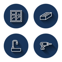 Set line Window in room, Brick, Washbasin and Electric drill machine with long shadow. Blue circle button. Vector