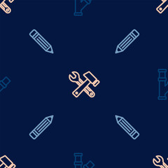 Set line Industry metallic pipe, Pencil with eraser and Hammer and wrench spanner on seamless pattern. Vector