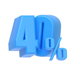 Glossy blue forty percent sign isolated on white background. 40% discount on sale. 3d rendering illustration