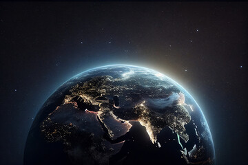Obraz na płótnie Canvas Nightly planet Earth in dark outer space. Generative AI.