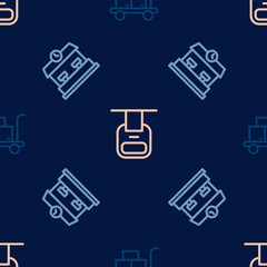 Set line Trolley suitcase, Railway station and Cable car on seamless pattern. Vector
