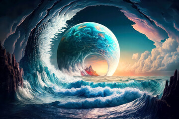 Moon as a portal rift to another dimension in time and space with turbulent ocean waves and surreal clouds. Sci-fi seascape. Generative AI