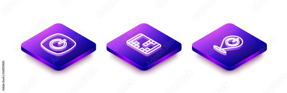 Poster set isometric line power button, portable video game console and icon. vector