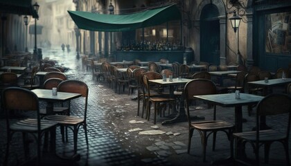  an empty restaurant with tables and chairs in the middle of the street with a green awning over the tables and chairs on the side of the street.  generative ai