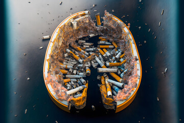 Obraz na płótnie Canvas Ashtray in the shape of a human lung with smoldering cigarette butts. The concept of harm to health, the lungs of a smoker are poisoned. Generative AI technology.