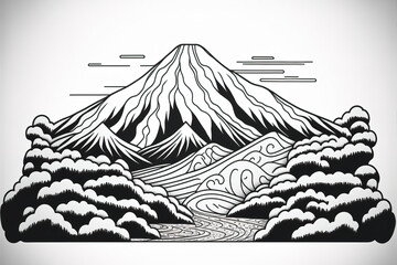 a japanese mountain path illustration with a forest, oneline style, generative ai technology