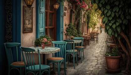 Fototapeta na wymiar a street with tables and chairs and a potted plant on the side of the street with flowers on the windows and a potted plant on the side of the street. generative ai