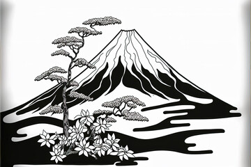 Fototapeta premium a classic modern fujiyama illustration in black and white, generative ai technology