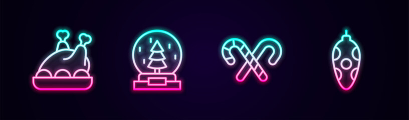 Set line Roasted turkey or chicken, Christmas snow globe, Candy cane with stripes and toy. Glowing neon icon. Vector