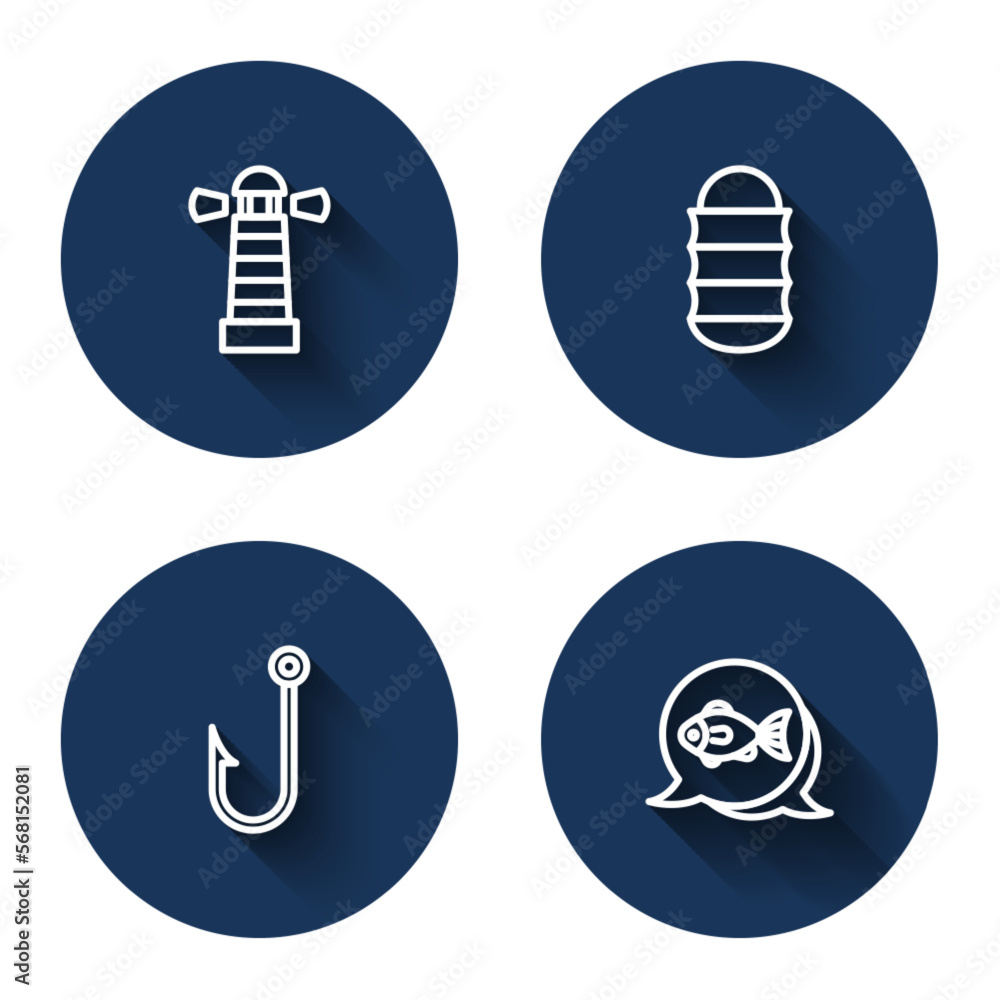 Aufkleber set line lighthouse, fishing net, hook and with long shadow. blue circle button. vector