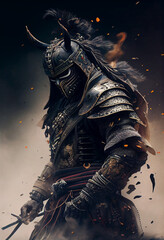 AI Ancient Samurai ready for battle to kill Japanese demons. It is beautifully made with a multitude of details. His armor is solid, his katana is ready to cut.